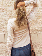 Stunncal Round Neck Stitching Lace Long Sleeve T-Shirt(14 colors)