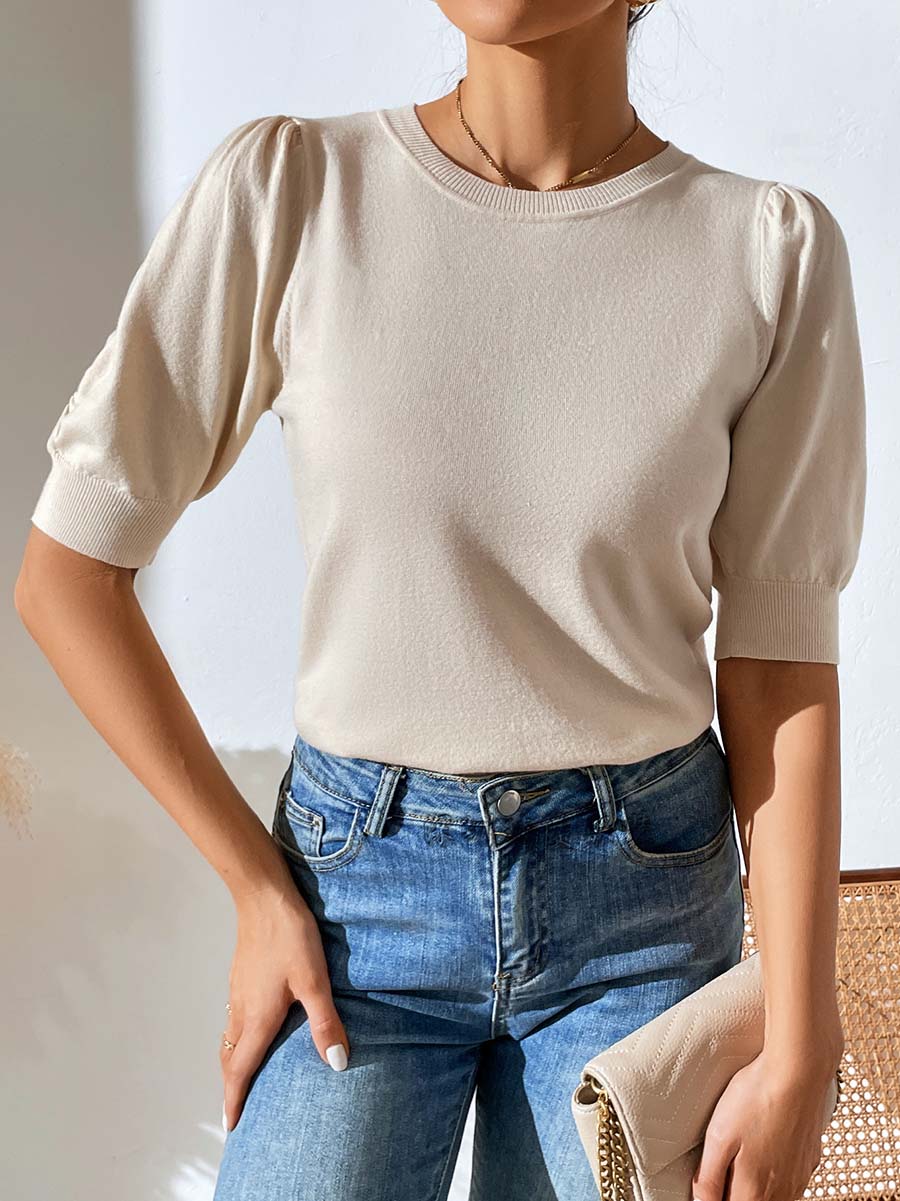 Stunncal Round Neck Pleated Short Sleeve Solid Color Knit (5 colors)