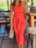 Stunncal Halter Sleeveless Tie Waist Side Split Dress