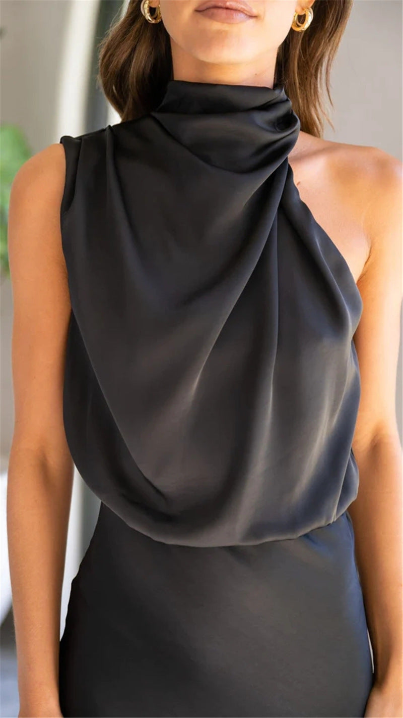 Stunncal Sleeveless Hanging Neck Solid Color Satin Dress(6 Colors)