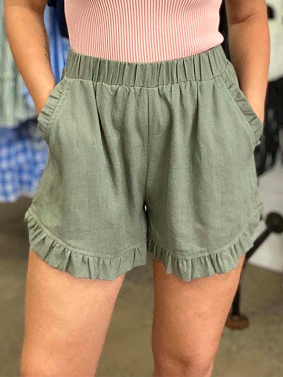 Stunncal Elastic Waist Wide Leg Ruffle Cotton Linen Shorts