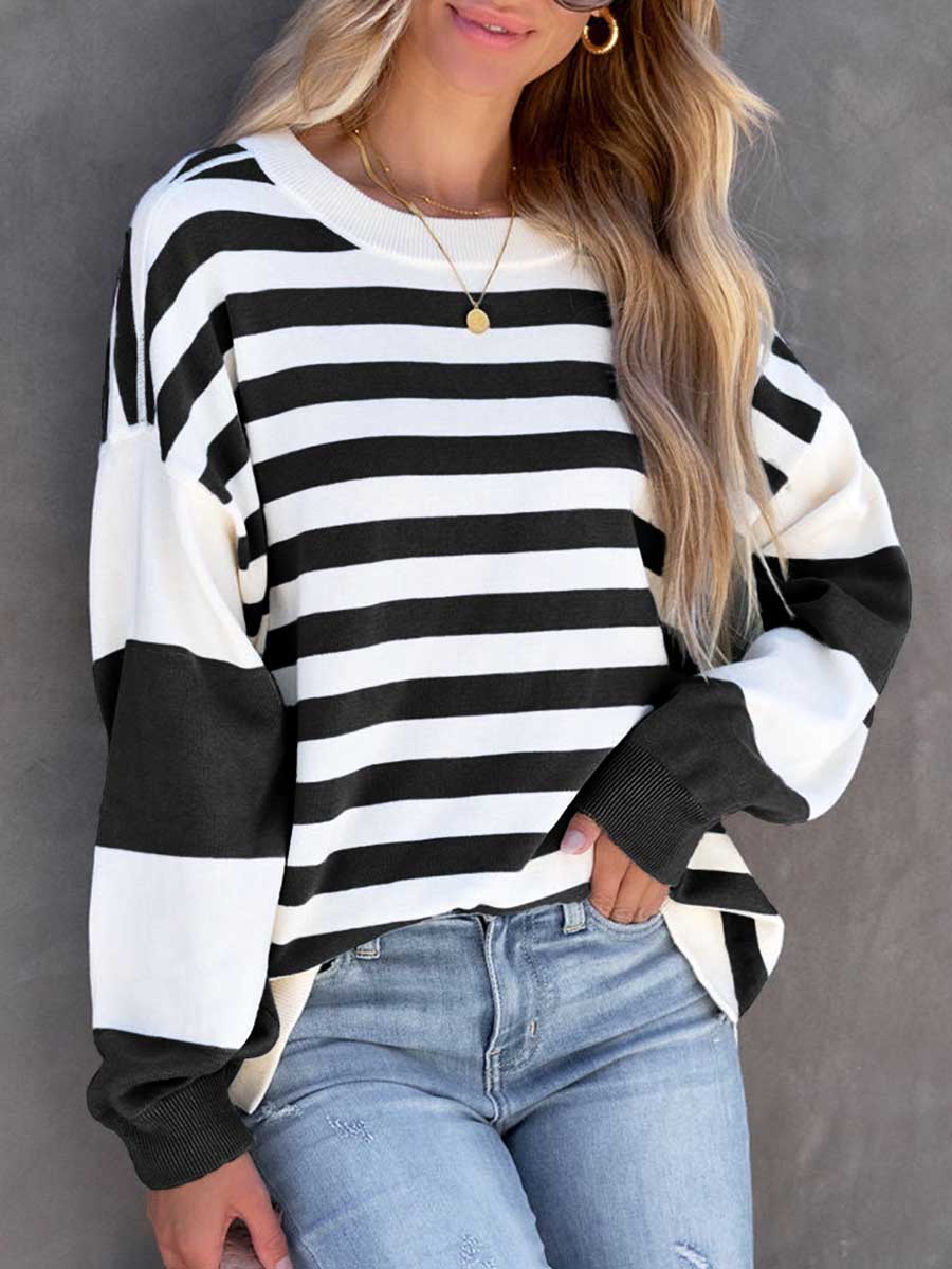 Stunncal Striped Printed Loose Color Clash Sweatshirt